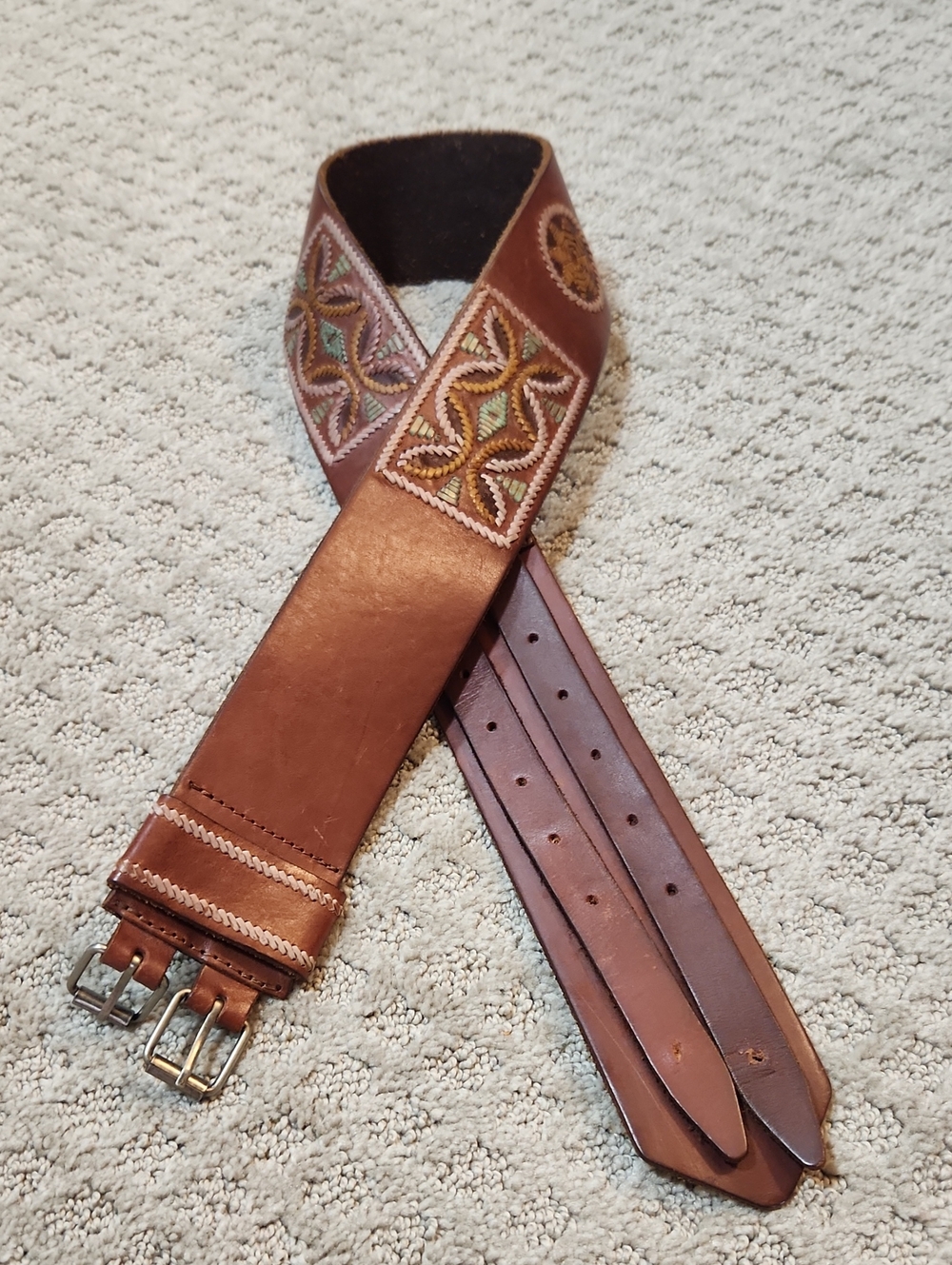 American Eagle Outfitters Brown Leather Embroidered Waist Belt Double Buckles